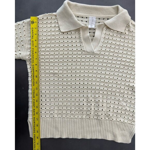 Joie Ivory Perforated Pointelle- Knit Top Eyelet Collared V-Neck Casual Sweater - Picture 6 of 6